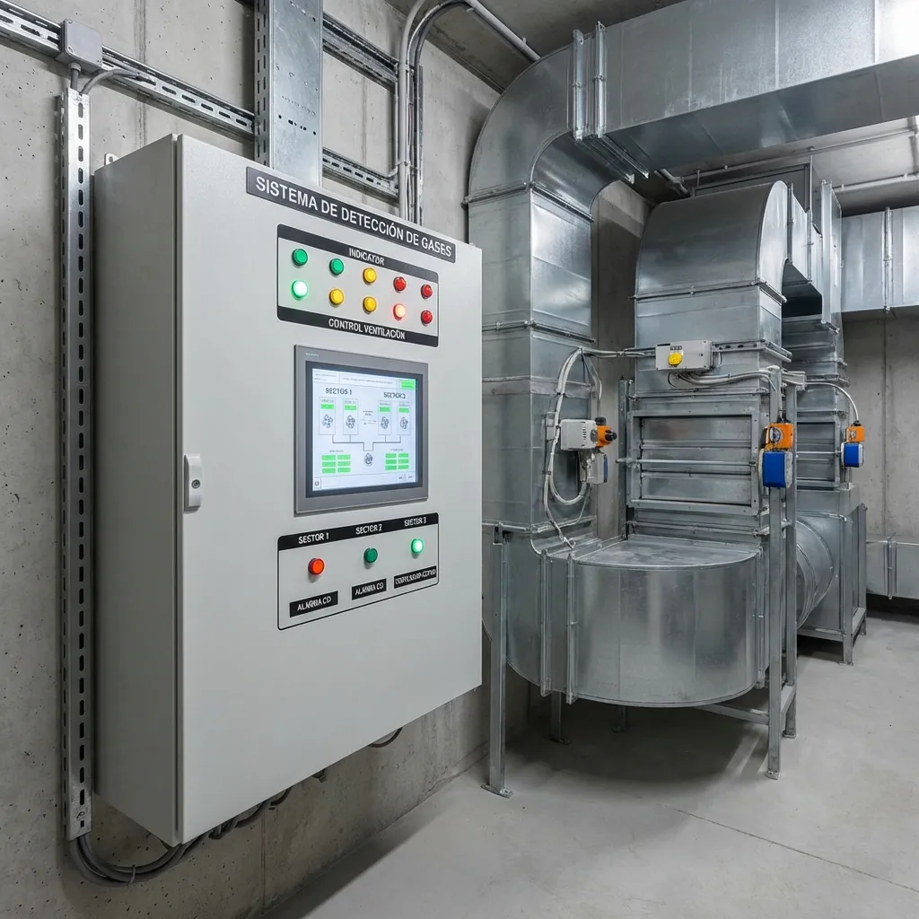 Centrales de detección de gases Cofem para CO y NO₂ con control de ventilación y alarmas en aparcamientos.